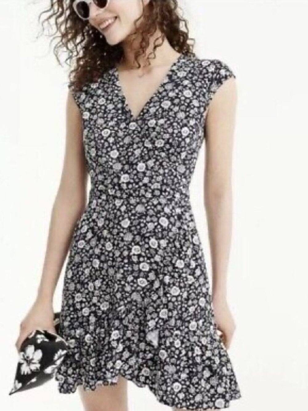 👉 J.Crew Navy Floral Wrap Dress 🌸 Flowy Ruffle Hem XXS 00 Summer